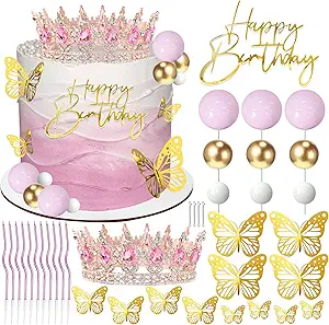 Photo 1 of Crown Cake Topper, Balls Happy Birthday Cake Toppers with Crown Birthday Candles Gold Butterflies, Corona Para Pastel, Cake Decorations for Wedding Baby Shower Party Decorations (Rose Gold)