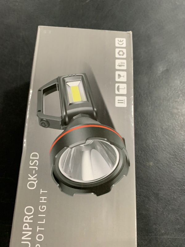 Photo 1 of Rechargeable Spotlight Flashlight, High Lumens Handheld Spotlight,LED Searchlight with Shoulder Strap and USB Output for During Hurricane,Emergency, Storms, Outages,Hunting, Hiking, Camping(Black1)