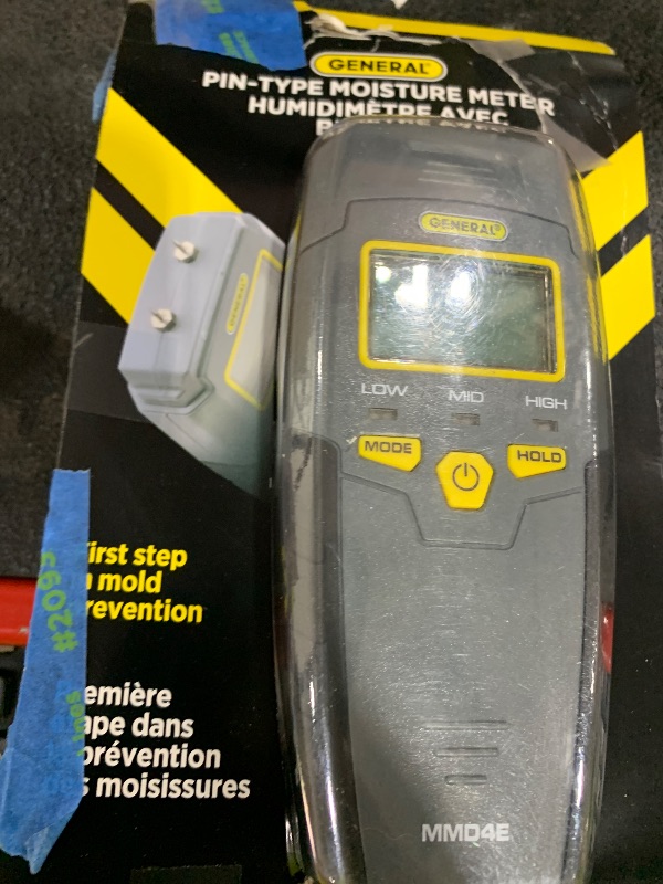 Photo 1 of General Tools MMD4E Digital Moisture Meter, Water Leak Detector, Moisture Tester, Pin Type, Backlit LCD Display With Audible and Visual High-Medium-Low Moisture Content Alerts, Grays