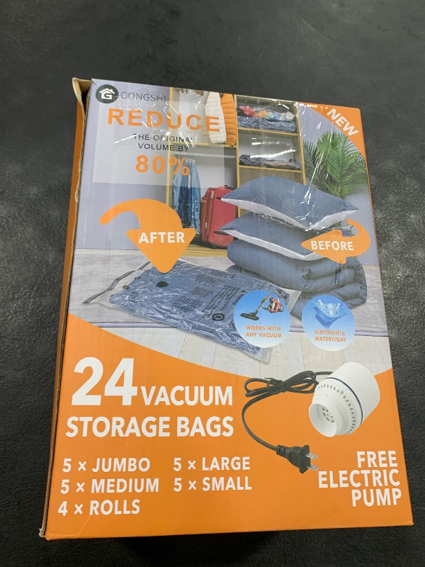 Photo 1 of 24 Pack Vacuum Storage Bags with Electric Pump, (5 Jumbo, 5 Large, 5 Medium, 5 Small, 4 Roll Up Bags) Space Saver Bag for Clothes, Mattress, Blanket, Duvets, Pillows, Comforters,Travel