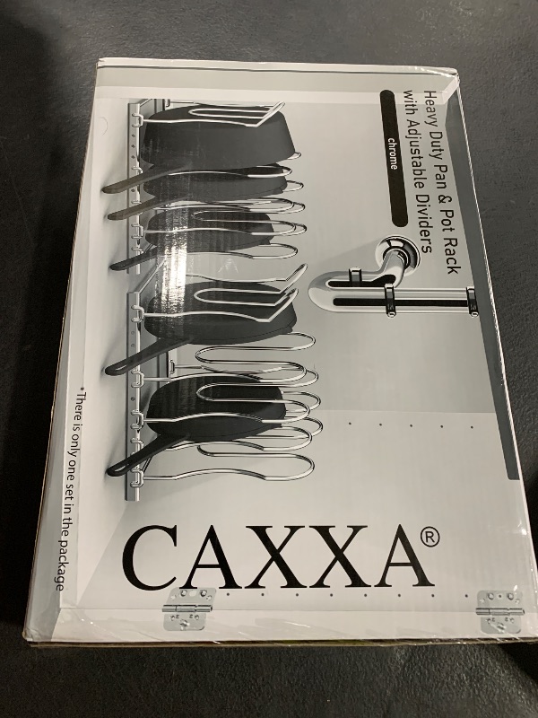 Photo 1 of CAXXA Heavy Duty Pan Rack, Pot Lid Rack, Kitchen Cabinet Pantry Cookware Organizer Rack Holder with 5 Adjustable Dividers, Chrome