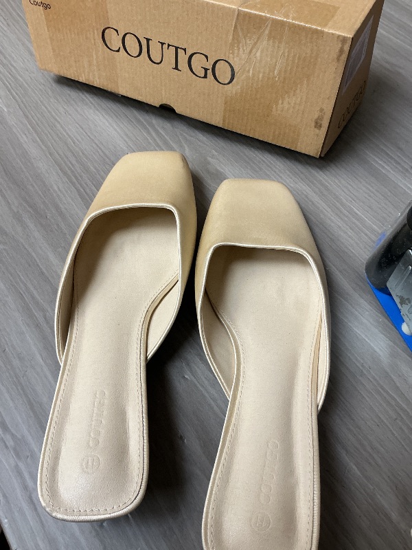 Photo 1 of Coutgo Women's Mules Low Kitten Heel Closed Square Toe Slip On Backless Dress Shoes,Size Fits Large Champagne size 11