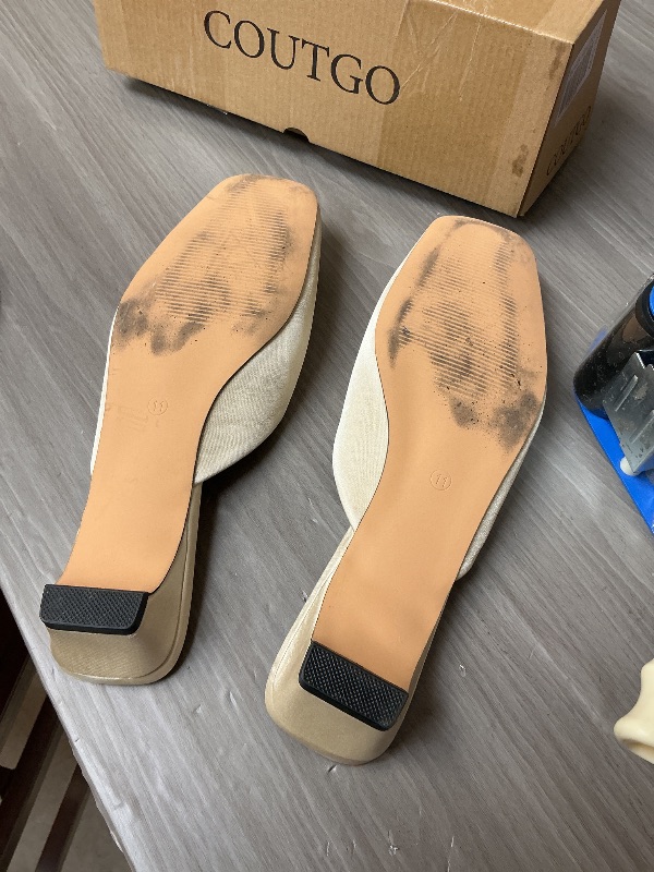 Photo 1 of Coutgo Women's Mules Low Kitten Heel Closed Square Toe Slip On Backless Dress Shoes,Size Fits Large Champagne size 11