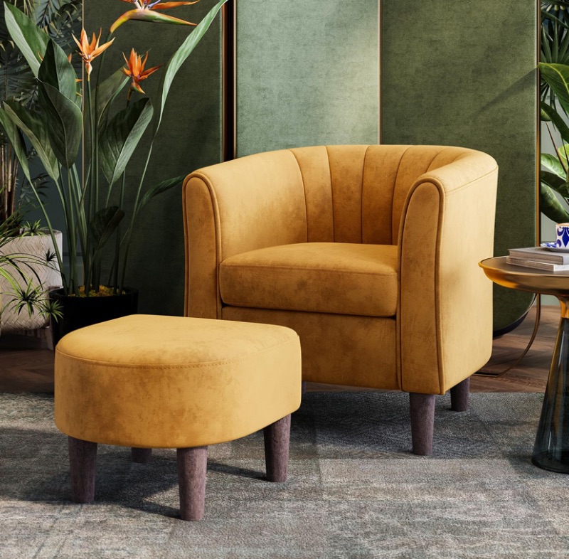 Photo 1 of LINSY Accent Chair with Ottoman, Modern Armchair Comfy Barrel Reading Chair with Footrest for Living Room Bedroom Reading Room, Velvet, Yellow