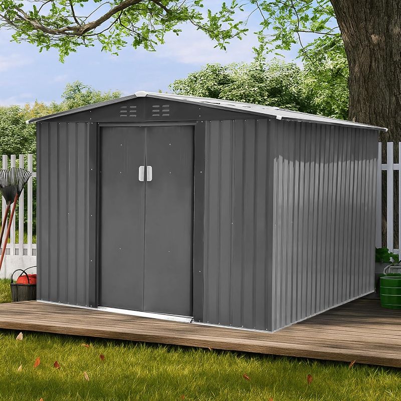 Photo 1 of Outdoor Storage Shed 8 x 6 FT Lockable Metal Garden Shed Steel Anti-Corrosion Storage House with Sliding Lockable Door for Backyard Outdoor Patio, Light Gray

