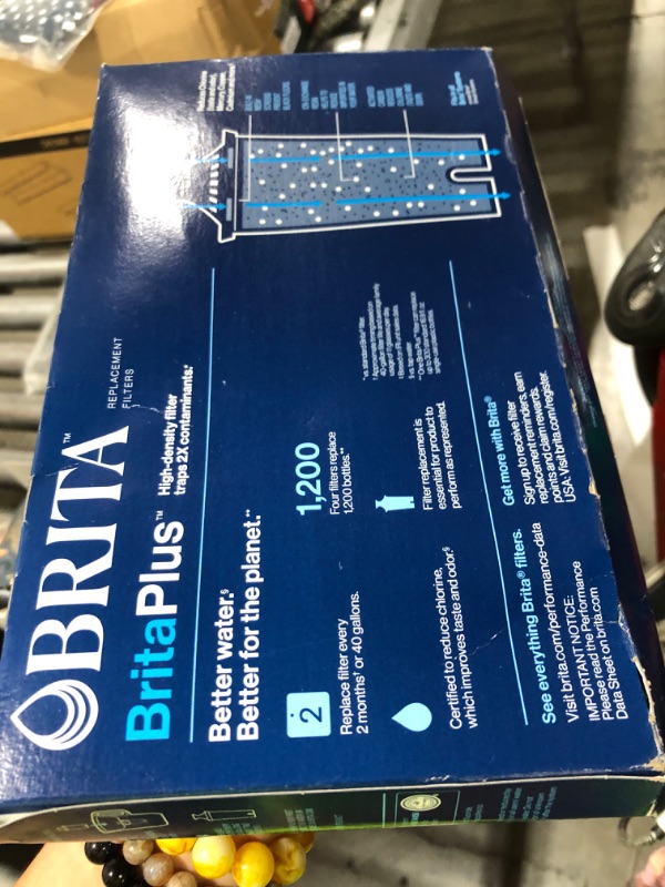 Photo 1 of Brita Plus Water Filter, BPA-Free, High-Density Replacement Filter for Pitchers and Dispensers, Reduces 2x Contaminants*, Lasts Two Months or 40 Gallons, Includes 4 Filters