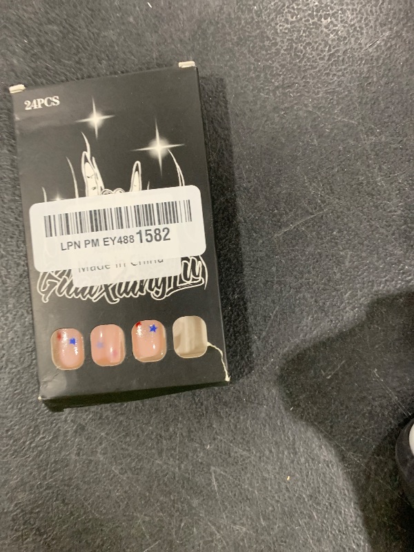 Photo 1 of 24 Pcs French Press on Nails Short Square Fake Nails RIICFDD Glitter Designs Independence Day False Nail Nude Pink Full Cover Stick on Nails for Women Girls 4th of July Nails Decor