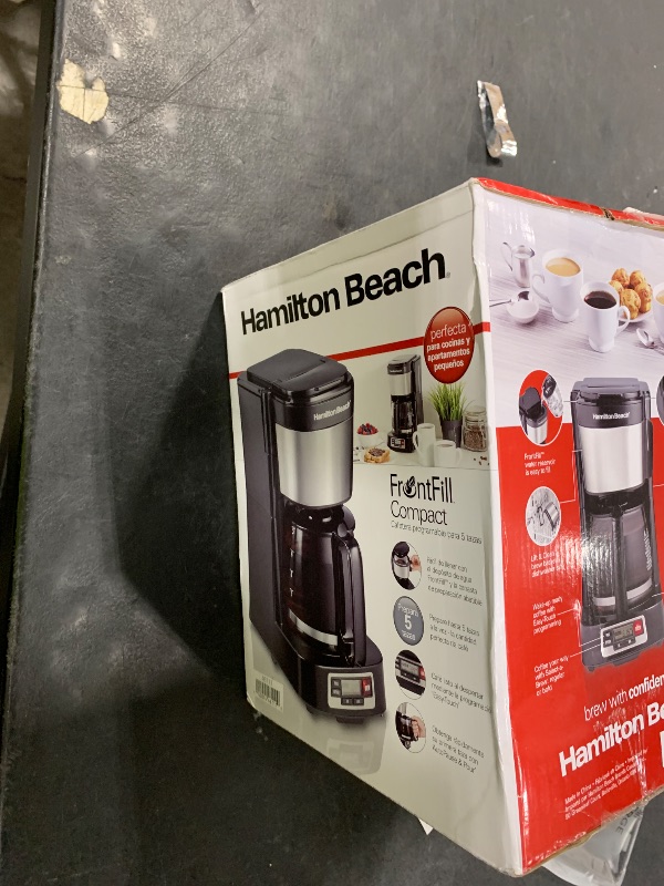 Photo 1 of Hamilton Beach 5 Cup Drip Coffee Maker with Easy FrontFill Basket, Compact Design, Programmable Clock, Glass Carafe, Auto Pause and Pour, Black & Stainless Steel (46111)