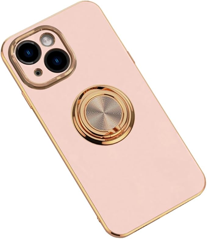 Photo 1 of Silicone Case for iPhone 13 Prowith Magnetic Attraction Metal Ring Holder Stand, Edge Plated Shockproof Non-Slip Ultra Thin Phone Protective Cover for iPhone 13Pro 6.7 inch Light Pink