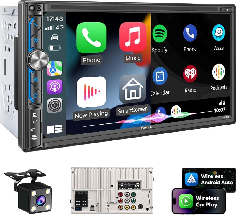 Photo 1 of PLZ 7" Wireless Double Din Car Stereo Apple Carplay Radio Screen for Car Audio Receivers, Bluetooth 5.3 Car Play Android Auto Touchscreen, 240W 4.2 CHN 2 Subwoofers Outputs, Backup Camera, SWC, FM/AM