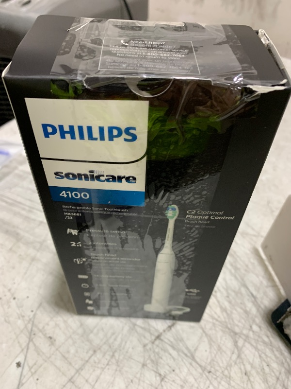 Photo 1 of Philips Sonicare 4100 Rechargeable Electric Toothbrush, with Pressure Sensor, 2 Intensity Settings, SmarTimer and QuadPacer, 14-Day Battery Life, White, Model HX3681/23