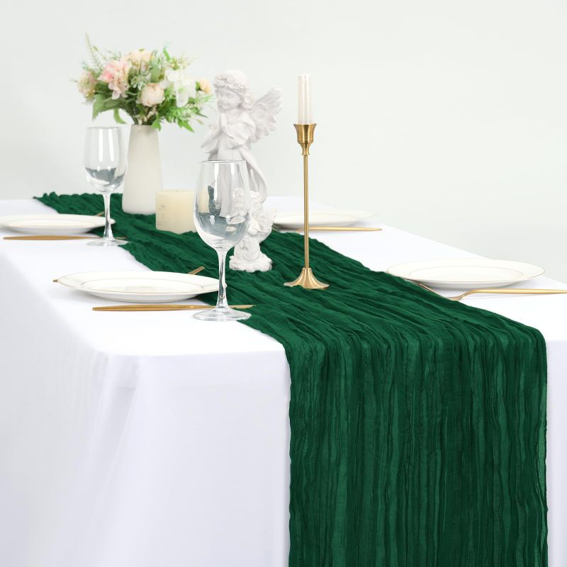 Photo 1 of 12 Pack 35x120 Inch Cheesecloth Table Runner Emerald Green Gauze Table Runner 10FT Boho Cheese Cloth Table Runners Bulk Dark Green Table Runners for Wedding Party Baby Shower Table Decor