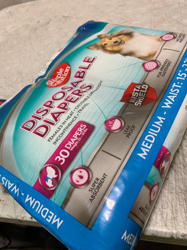 Photo 1 of Simple Solution Female Dog Diapers – Disposable Leak-Proof Diapers for Incontinence, Potty Training, and Heat Cycle – Adjustable Fit for Medium Dogs with 15–23 Inch Waist – 30 Count