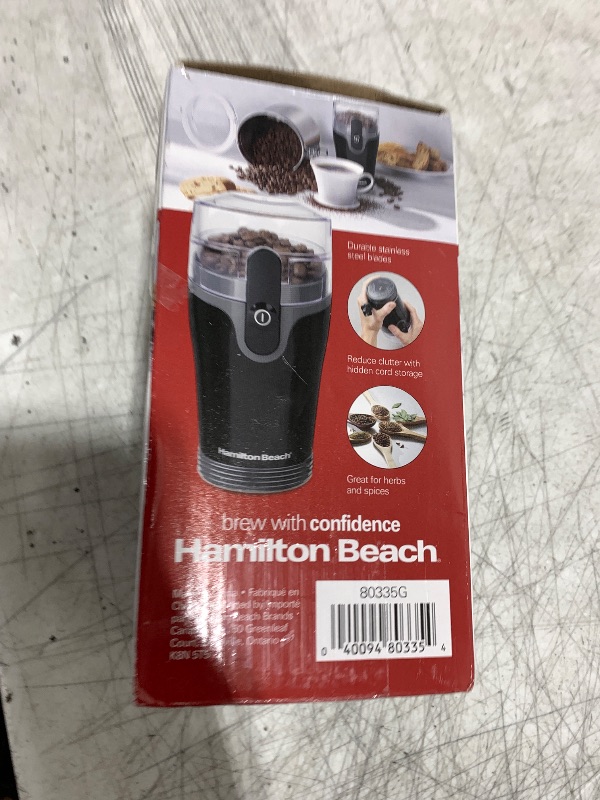 Photo 1 of Hamilton Beach Fresh Grind Electric Coffee Grinder for Beans, Spices and More, Stainless Steel Blades, Removable Chamber, Makes up to 12 Cups, Black