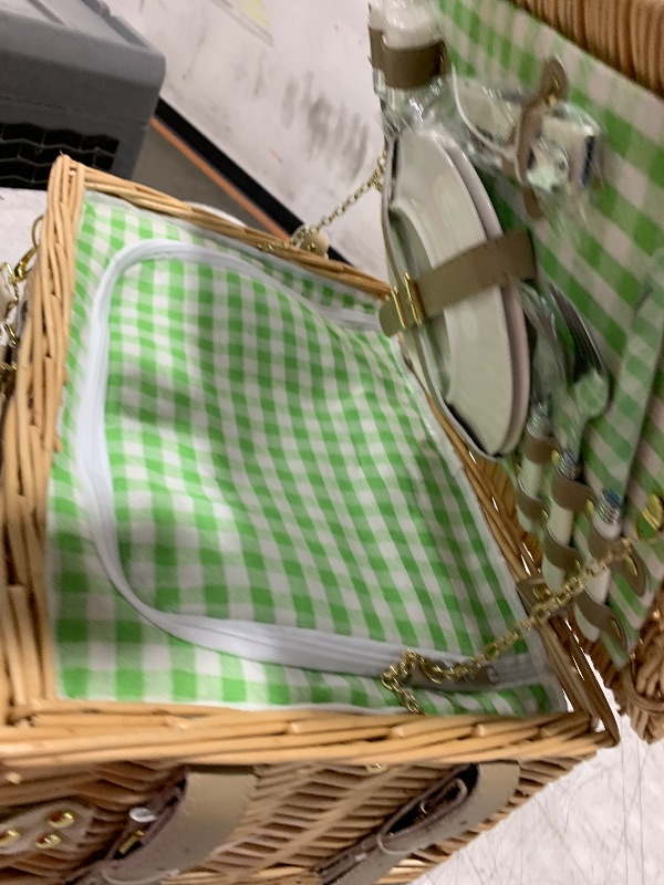 Photo 1 of Picnic Basket for 2, Insulated Willow Picnic Baskets with Shoulder Strap, Picnic Hamper with Waterproof Picnic Blanket, Handmade Wicker Hamper for Outdoor Camping, Green Check