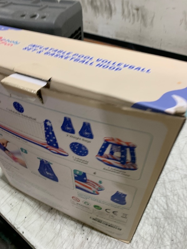 Photo 1 of HOLYFUN Inflatable Pool Volleyball Floating Net Set Basketball Hoop with USA Flag Pattern, Summer Pool Water Games for Kids, Teens, Adults and Family