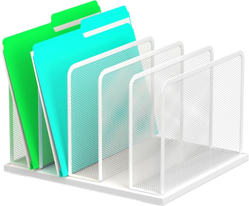 Photo 1 of Kuntine.B Desk File Organizer Upright Mesh Desktop Organizer File Sorter Office Organization File Holder for Home, Office & Classroom (White, 1 Pack 5-Section)
