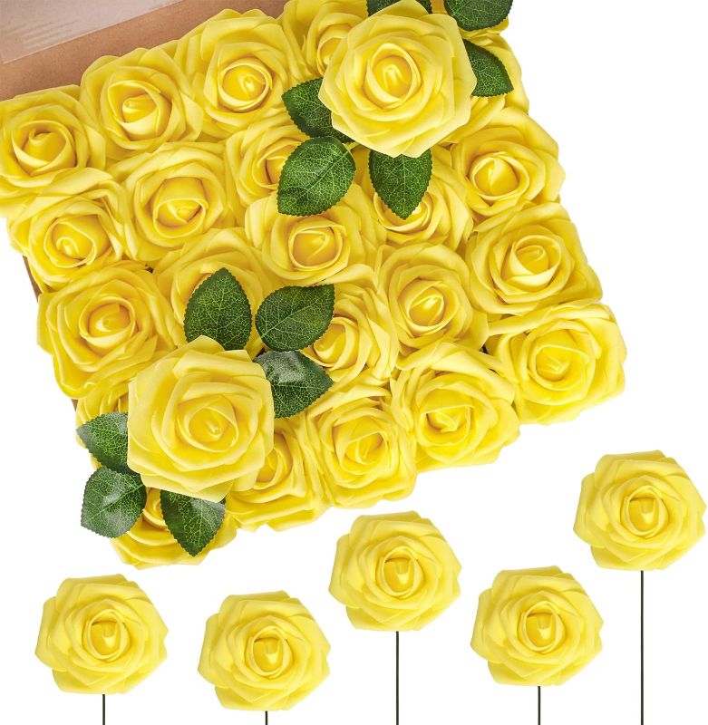 Photo 1 of N&T NIETING Artificial Flowers, 50pcs yellow Fake Rose Flowers with Stem for DIY Wedding Bouquets Centerpieces Arrangements Party Baby Shower Home Decorations