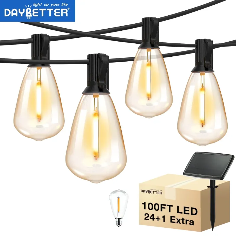 Photo 1 of DAYBETTER 100ft Solar Outdoor String Lights, with 24 Edison Vintage Shatterproof Bulbs, ST38 Waterproof Hanging Lights, Outdoor Solar Lights for Yard, Patio