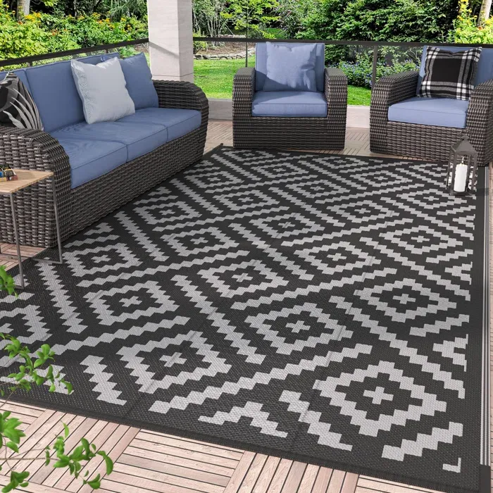 Photo 1 of Sumiye Outdoor Rug for Patio Clearance, Waterproof Mat,Reversible Plastic Camping Rugs,Black & Gray