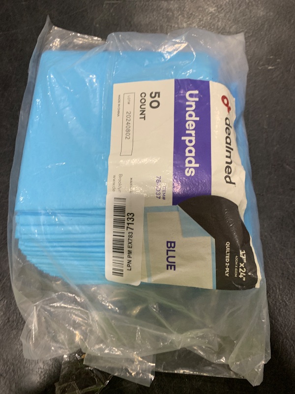 Photo 1 of Dealmed Standard Absorbency Medical Underpads (50 Pads) Disposable 2-Ply Tissue Fill, 24" x 17", Blue, Perfect for Pet Pads, Furniture Protection, Liquid Accident and More, 50 Ct. (1 Pack)