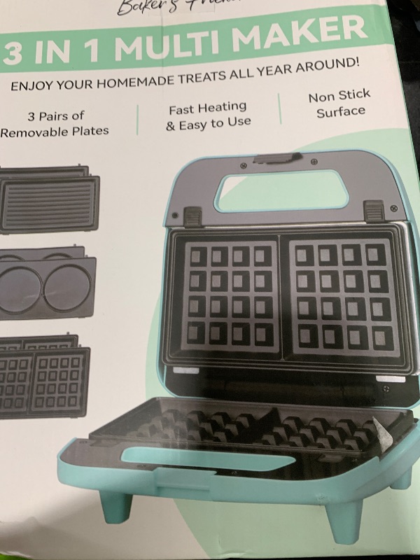 Photo 1 of Baker’s Friend 3 in 1 Mini Waffle Maker with Removable Plates, Mini Pancake Maker, Grilled Cheese Maker, Breakfast Sandwich Maker Press, Mini Indoor Grill, Belgian Waffle Maker, Aqua