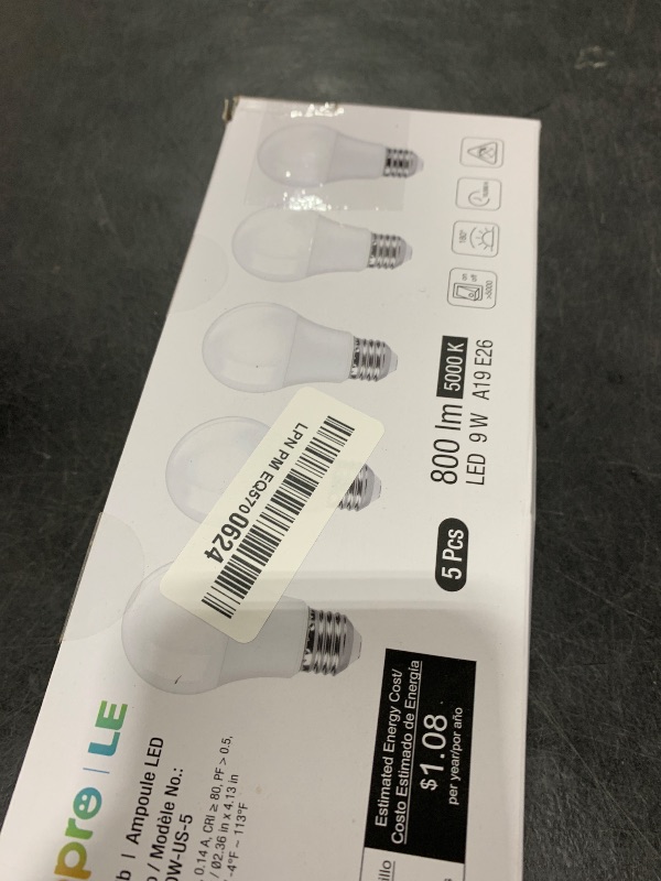 Photo 1 of LE LED Light Bulbs 60 Watt Equivalent, 9W 800 Lumens Non-Dimmable, Daylight White 5000K, A19 E26 Standard Medium Base, 10000 Hour Lifetime 5 Count (Pack of 1)