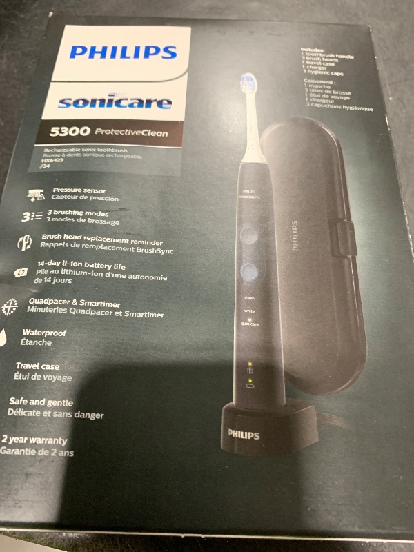 Photo 1 of Philips Sonicare ProtectiveClean 5300 Rechargeable Electric Toothbrush, with Pressure Sensor, 3 Cleaning Modes, SmarTimer and QuadPacer, with 2 Bonus Brush Heads, Travel Case, Black, Model HX6423/34