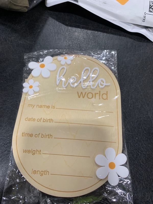 Photo 1 of Lusofie Hello World Newborn Sign, Newborn Birth Announcement Board, Wooden Newborns Announcement Sign with Stand Base and Pen for Hospital Nursery(6×4.3 Inch)
