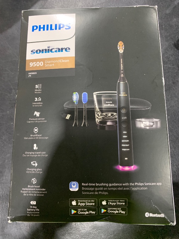 Photo 1 of Philips Sonicare DiamondClean Smart 9500 Electric Toothbrush, Sonic Toothbrush with App, Pressure Sensor, Brush Head Detection, 5 Brushing Modes and 3 Intensity Levels, Black, Model HX9923/11