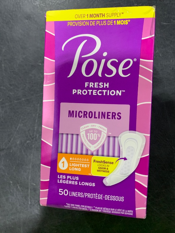 Photo 1 of Poise Daily Microliners, Incontinence Panty Liners, 1 Drop Lightest Absorbency, Long Length, 50 Count of Pantiliners