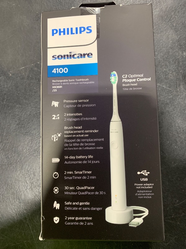 Photo 1 of Philips Sonicare 4100 Rechargeable Electric Toothbrush, with Pressure Sensor, 2 Intensity Settings, SmarTimer and QuadPacer, 14-Day Battery Life, White, Model HX3681/23