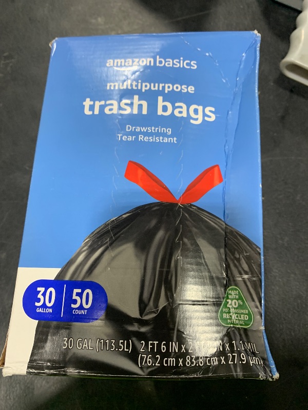 Photo 1 of Amazon Basics 30 Gallon Multipurpose Drawstring Trash Bags, 20% Post Consumer Recycled, 50 count