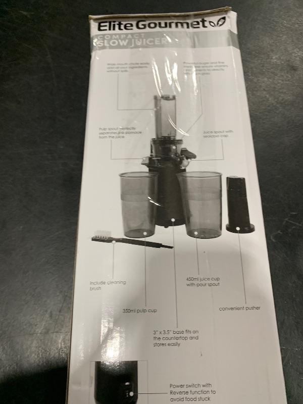 Photo 1 of Elite Gourmet EJX600 Compact Small Space-Saving Masticating Slow Juicer Cold Press Juice Extractor, Nutrient and Vitamin Dense, BPA-Free Tritan, Easy to Clean, 16 oz Juice Cup, Charcoal Grey