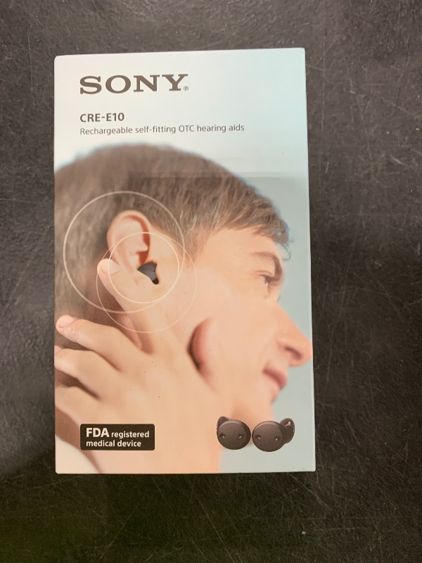 Photo 1 of Sony CRE-E10 Self-Fitting OTC Hearing Aids for Mild to Moderate Hearing Loss, Prescription-Grade Sound Quality, Comfortable Earbud Design, Bluetooth Enabled for iOS, and Rechargeable Battery, Black
