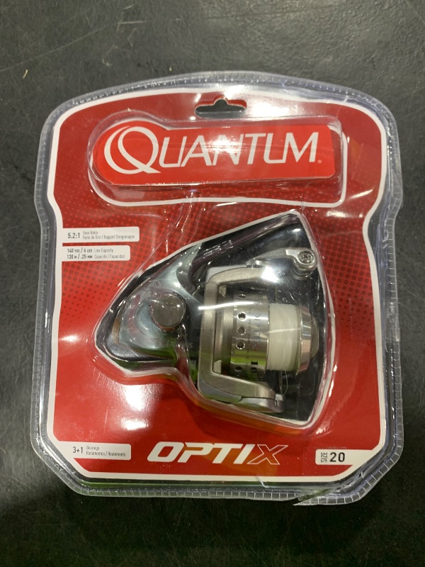 Photo 1 of Quantum Optix Spinning Fishing Reel, Size 20 Reel, Right- or Left-Hand Retrieve, Aluminum Spool, Stainless Steel Bail Wire, Continuous Anti-Reverse Clutch, 5.2:1 Gear Ratio, Silver, Clam Packaging