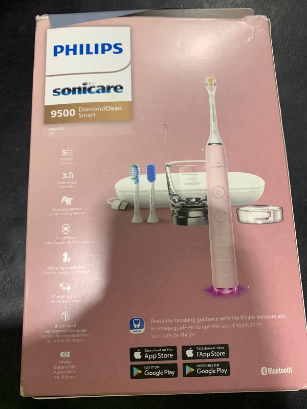 Photo 1 of Philips Sonicare DiamondClean Smart 9500 Electric Toothbrush, Sonic Toothbrush with App, Pressure Sensor, Brush Head Detection, 5 Brushing Modes and 3 Intensity Levels, Pink, Model HX9923/21