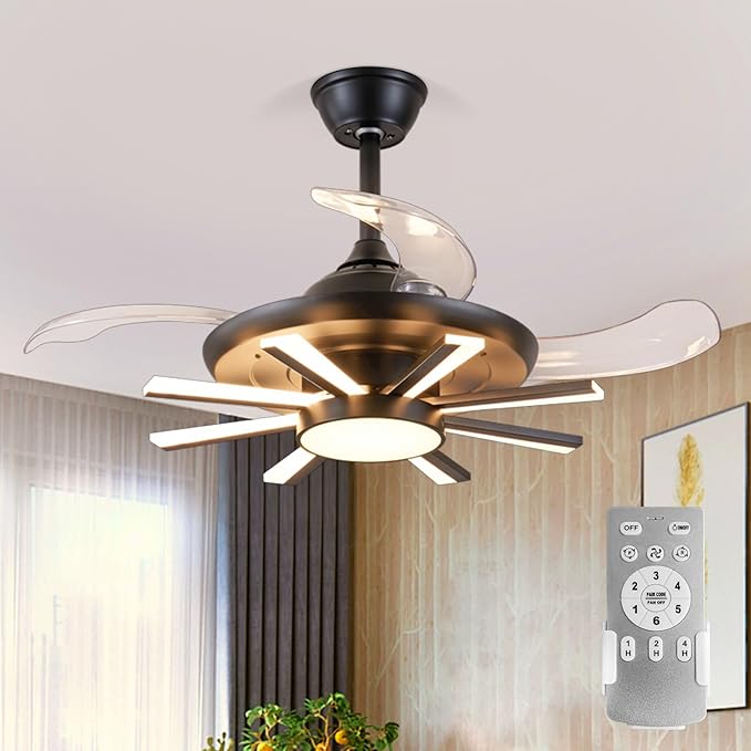 Photo 1 of DIGLED Retractable Ceiling Fan: 48" Black Chandelier with Fan 9-Lights Modern - Chandelier Ceiling Fan Light Fixture for Bedroom Living Dining Room - 3 Colors Light 6 Speeds Timing
