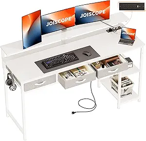Photo 1 of JOISCOPE Home Office Desk with Power Outlets (3AC, USB, Type-C), 60 × 20 Inch Computer Desk with 3 Drawers & Shelves, Laptop Table with Display Riser, Gaming Study Drafting Table for Bedroom, BLACK 