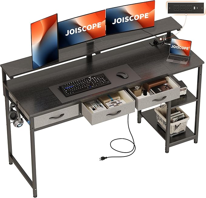 Photo 1 of JOISCOPE Home Office Desk with Power Outlets (3AC, USB, Type-C), 60 × 20 Inch Computer Desk with 3 Drawers & Shelves, Laptop Table with Display Riser, Gaming Study Drafting Table for Bedroom, BLACK 