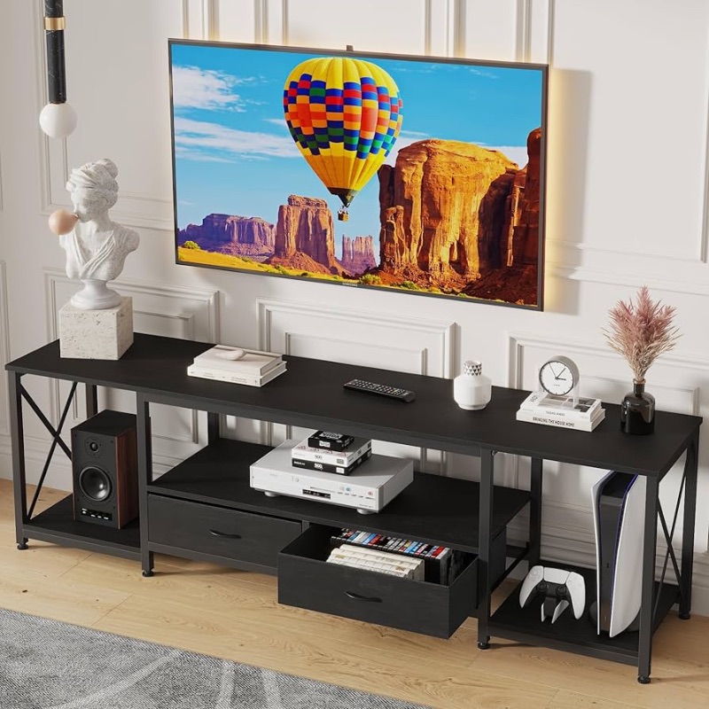 Photo 1 of TV Stand with Fabric Drawers for 65 70 75 Inches TV - Entertainment Center and Industrial TV Console Table with Open Storage Shelves for Living Room, Bedroom - 63.5" Black
