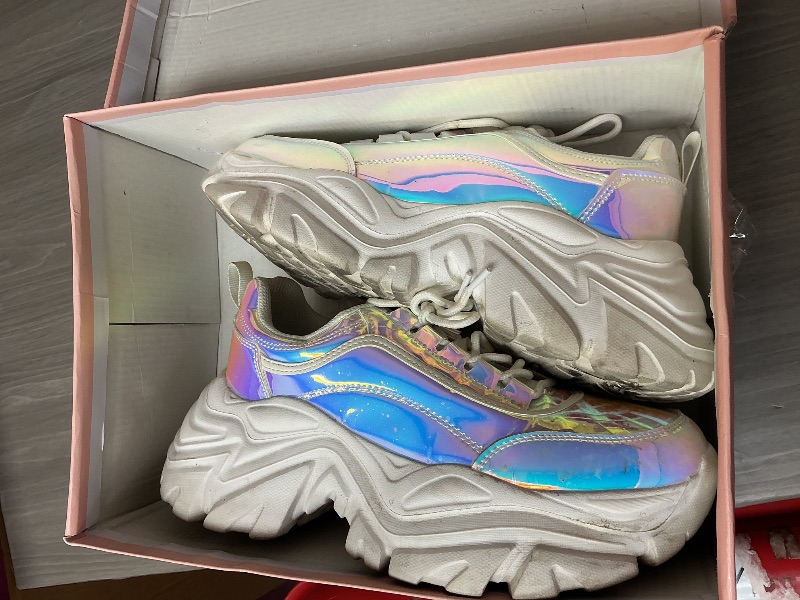 Photo 1 of K KIP WOK Chunky Sneakers for Women Fashion Platform White Leather Casual Dad Shoes Comfortable Wedge Walking Sport Sneakers(White Hologram,9)