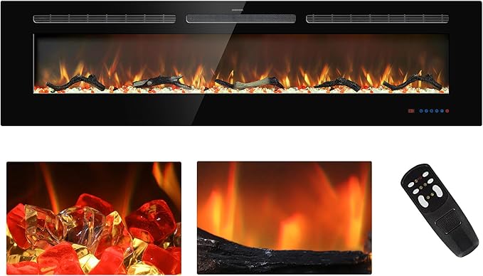 Photo 1 of 65 inches Electric Fireplace Inserts, Recessed and Wall Mounted Fireplace Heater, Linear Fireplace w/Thermostat, Remote & Touch Screen, Multicolor Flame, Timer, Log & Crystal, 750W/1500W
