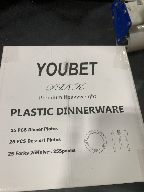 Photo 1 of YOUBET 125PCS Pink Plastic Plates - Light Pink Birthday Plates Include 25 Dinner Plate, 25 Dessert Plate, 75 Silverware for Baby Shower & Birthday Parties
