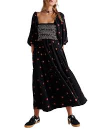 Photo 1 of ABYOVRT Women Floral Embroidered Maxi Dress Long Puff Sleeve Square Neck Bohemian Flowy Dress with Pockets Summer Fall Beige