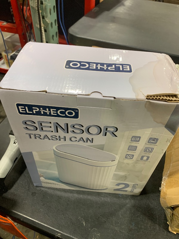 Photo 1 of ELPHECO Bathroom Motion Sensor Trash can 2 Gallon Automatic Garbage Can, Slim Plastic Smart Trash Can with Lid, Commercial Intelligent Trash Bin for Bedroom, Bathroom, Office, White with Grey Trim