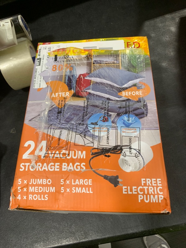 Photo 1 of 24 Pack Vacuum Storage Bags with Electric Pump, (5 Jumbo, 5 Large, 5 Medium, 5 Small, 4 Roll Up Bags) Space Saver Bag for Clothes, Mattress, Blanket, Duvets, Pillows, Comforters,Travel