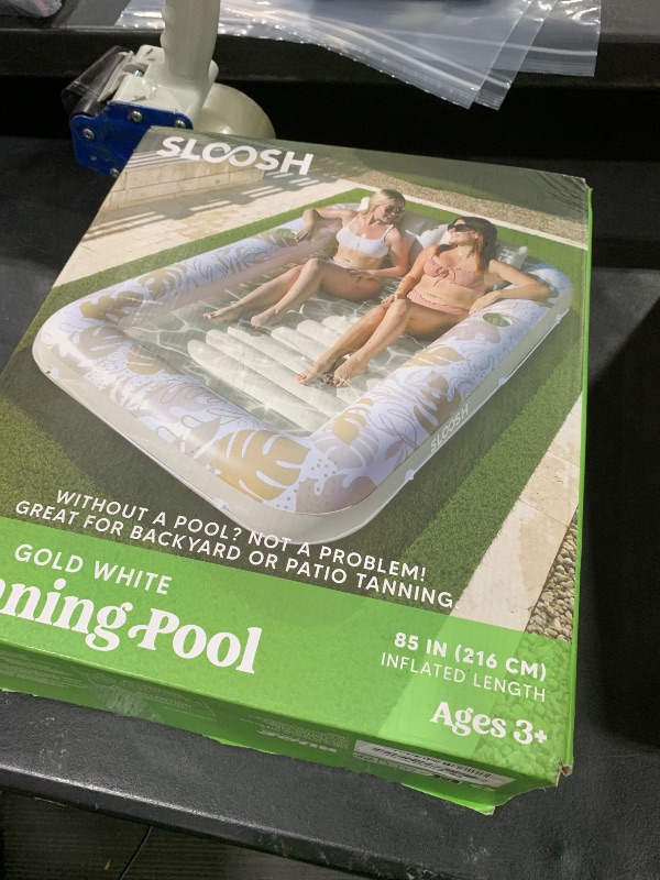 Photo 1 of SLOOSH Inflatable Tanning Pool Lounger Float, 85" x 57" Extra Large Pool Floats Adult with Pillow, 4 in 1 Suntan Tub Raft Floatie,Sunbathing Bed Lounge for Water Blow Up Ball Pit, XL-Golden White