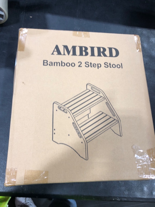 Photo 1 of AMBIRD Wooden Step Stool, Two Step Stools 300 lbs Capacity with Safety Non-Slip Pads and Handles, Bamboo Step Stool for Bathroom, Kitchen Dual Height Step Stools for Adults (Black)