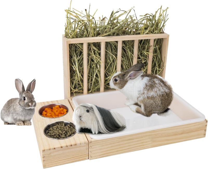 Photo 1 of 3 in 1 Rabbit Hay Feeder with Litter Box,Wooden Hay Feeder with 2 Bowls & Litter Box for Guinea Pig Chinchilla Bunny Other Small Animals,Large Capacity & Preventing Waste